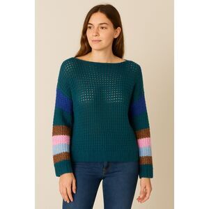 Heartloom Women’s Large Open Knit Sweater Teal Multi Color Block Sleeves Boho